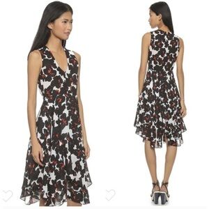 A.L.C. Nello Silk Dress 8 Midi Red Black White ALC Floral Handkerchief Luxury